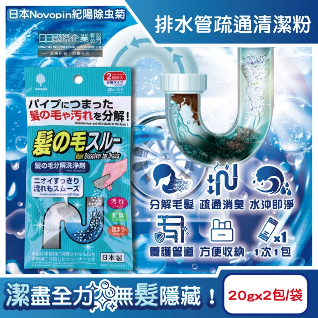 日本Novopin紀陽除虫菊 排水管分解毛髮污垢疏通清潔粉20gx2包/袋(水管去污過碳酸鈉管道消臭溶解皂垢)