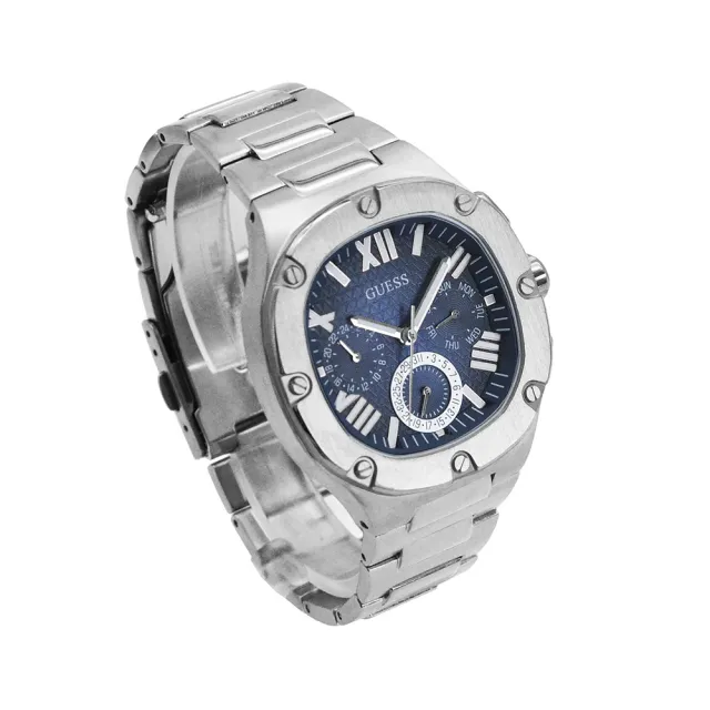 【GUESS】銀框 藍面 三眼日期顯示 圓角方型 不鏽鋼錶帶 男錶 手錶 聖誕禮(GW0572G1)