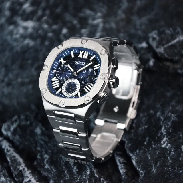 【GUESS】銀框 藍面 三眼日期顯示 圓角方型 不鏽鋼錶帶 男錶 手錶 情人節(GW0572G1)