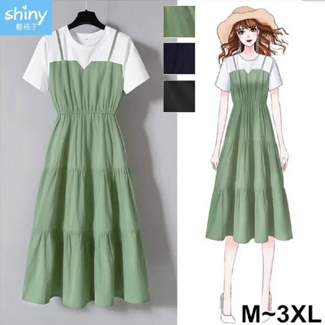 【Shiny 藍格子】吊帶假兩件拼接收腰顯瘦短袖洋裝 V3300 現+預(女裝 裙子)