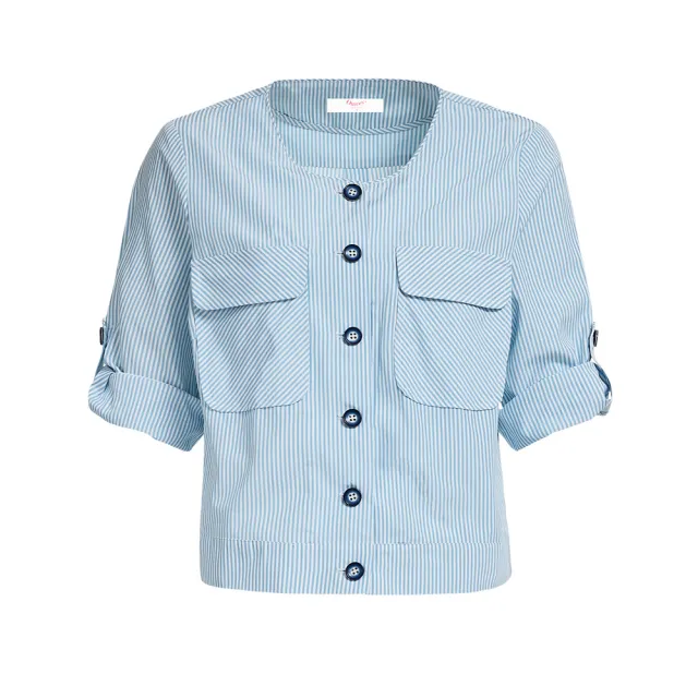 【OUWEY 歐薇】七分袖條紋口袋外套(淺藍色；S-L；3243164006)