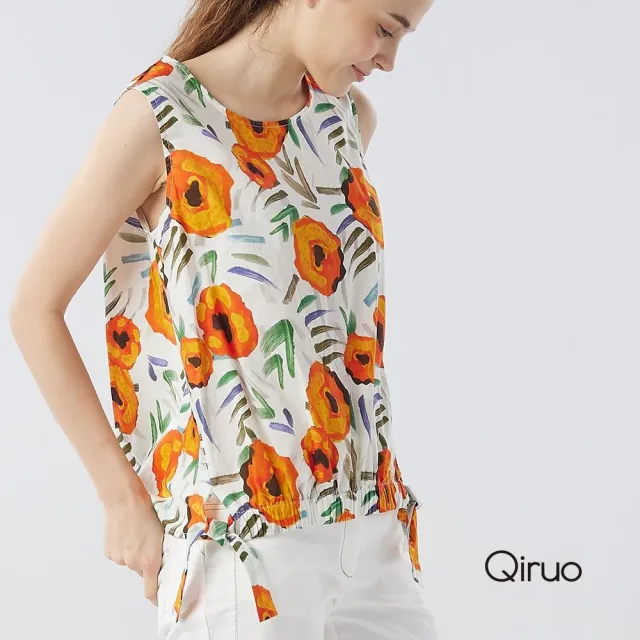 【Qiruo 奇若名品】印染橘花柔軟棉質下擺雙邊綁蝴蝶結 背心上衣8002D