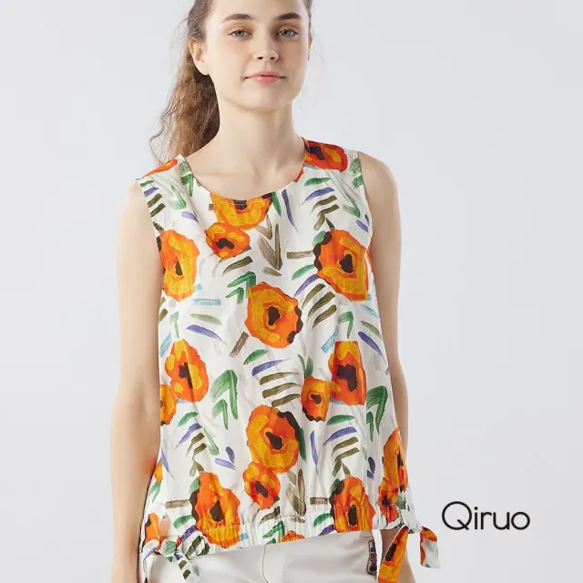【Qiruo 奇若名品】印染橘花柔軟棉質下擺雙邊綁蝴蝶結 背心上衣8002D