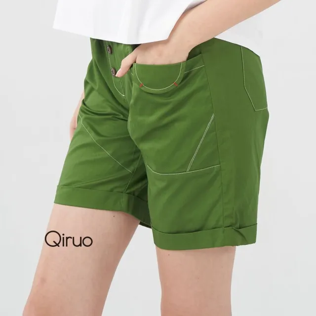 【Qiruo 奇若名品】棉質 五分拉鍊鈕扣後鬆緊腰綠色短褲 1276C