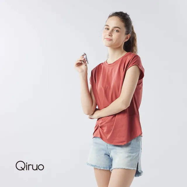 【Qiruo 奇若名品】小包袖左邊衣下擺抓皺 棉織布淺磚紅短袖上衣1305A