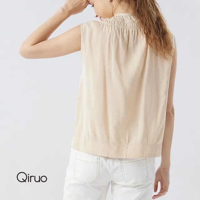【Qiruo 奇若名品】棉麻質感小荷葉立領  繡紋米卡色背心上衣8001D