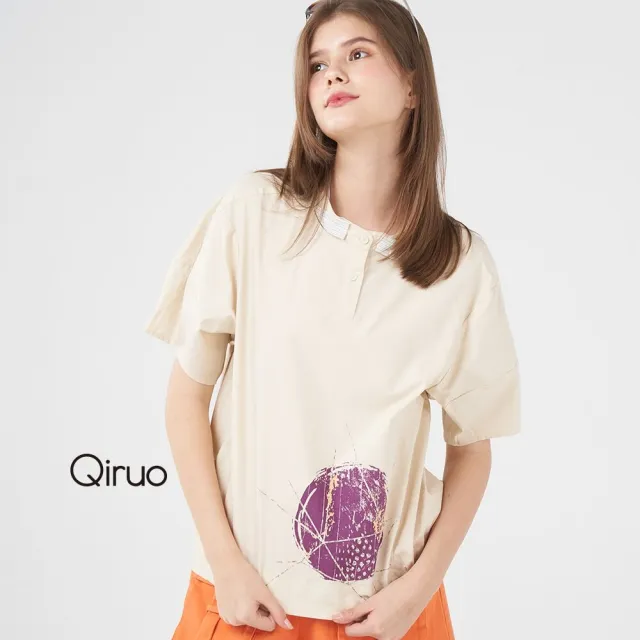 【Qiruo 奇若名品】精梳棉 立領短袖黃色印花上衣8219A