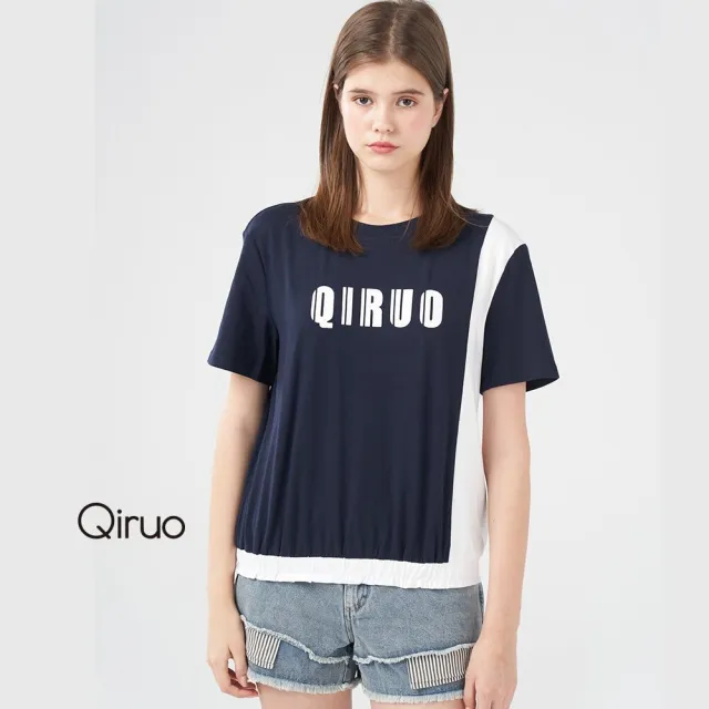 【Qiruo 奇若名品】雙布料棉T 下擺彈性縮口 藍白相間英文字母上衣 8227A
