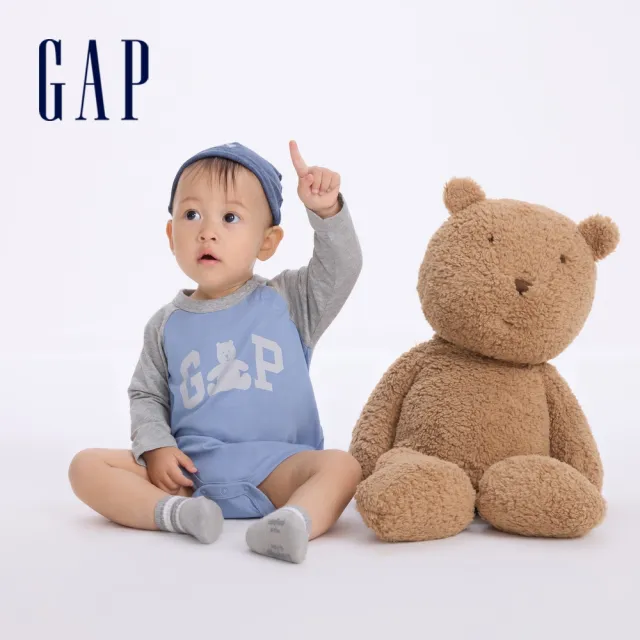 【GAP】嬰兒裝 Logo純棉小熊印花圓領長袖包屁衣 熊抱Logo系列-藍灰拼接(642922)