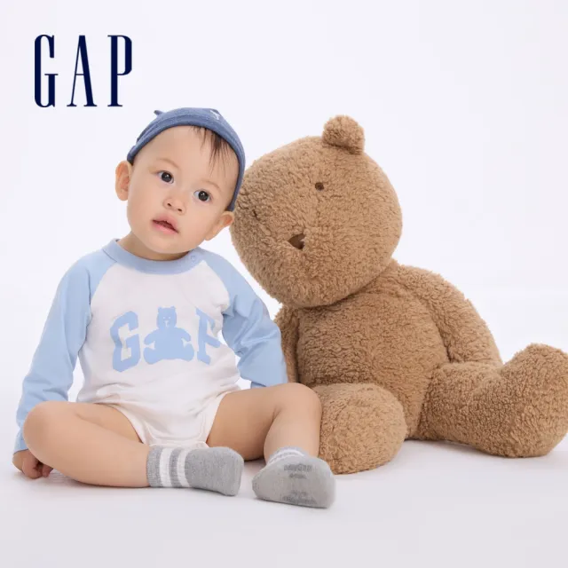 【GAP】嬰兒裝 Logo純棉小熊印花圓領長袖包屁衣 熊抱Logo系列-藍灰拼接(642922)