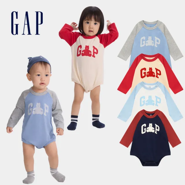 【GAP】嬰兒裝 Logo純棉小熊印花圓領長袖包屁衣 熊抱Logo系列-藍灰拼接(642922)