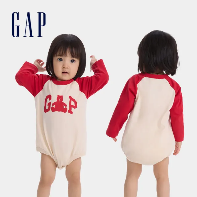 【GAP】嬰兒裝 Logo純棉小熊印花圓領長袖包屁衣 熊抱Logo系列-藍灰拼接(642922)