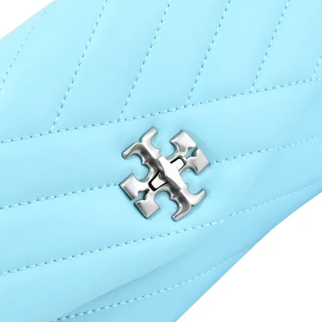 【TORY BURCH】經典雙T LOGO絎縫斜格紋翻蓋轉釦斜背包(淺藍)