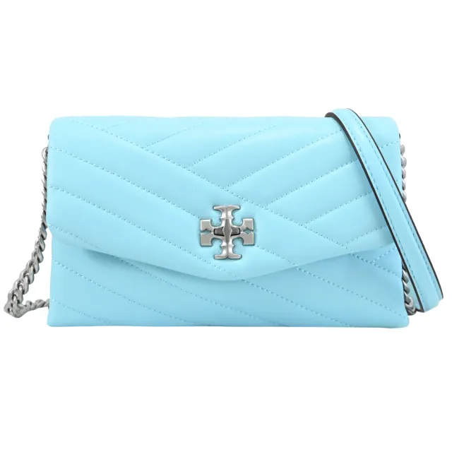 【TORY BURCH】經典雙T LOGO絎縫斜格紋翻蓋轉釦斜背包(淺藍)