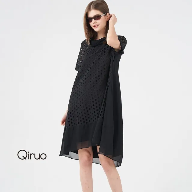 【Qiruo 奇若名品】洞洞布料加雪紡拼接 寬鬆小A款式洋裝8225F