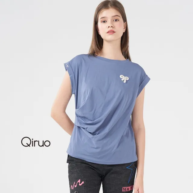 【Qiruo 奇若名品】輕度棉質 抓皺修飾身形粉藍上衣8008A