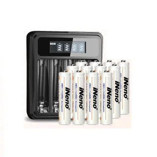 【iNeno】超大容量低自放 鎳氫 充電電池1200mAh 4號/AAA 12顆入+鎳氫電池液晶充電器