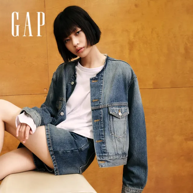 【GAP】女裝 純棉短版V領牛仔外套-中度水洗(640197)