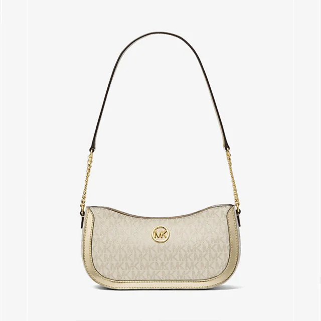 【Michael Kors】專櫃經典款 Leida滿版LOGO 防刮皮革斜背/側背兩用半月包(雙色可選)