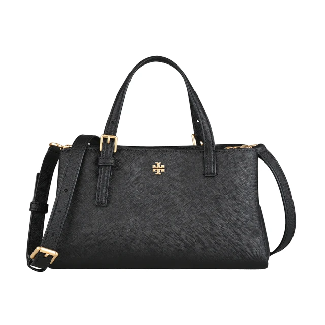 TORY BURCHTORY BURCH TORY BURCH Emerson小T金屬LOGO壓紋防刮牛皮拉鍊吸釦式手提斜背托特包(迷你/黑)