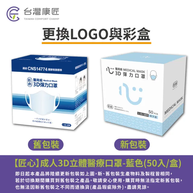 【匠心】成人3D立體彈力醫用口罩 藍色 *3盒  (50入/盒 L尺寸)