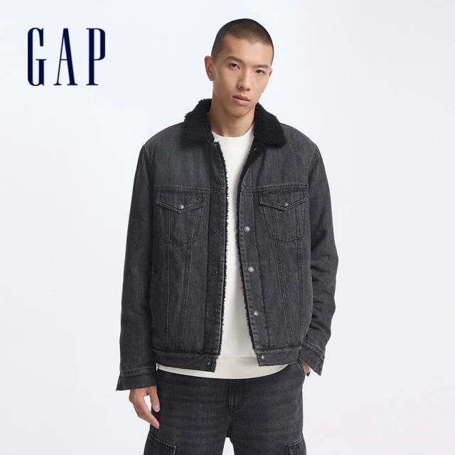 GAP 男裝 刷毛翻領牛仔外套-水洗黑(613676)