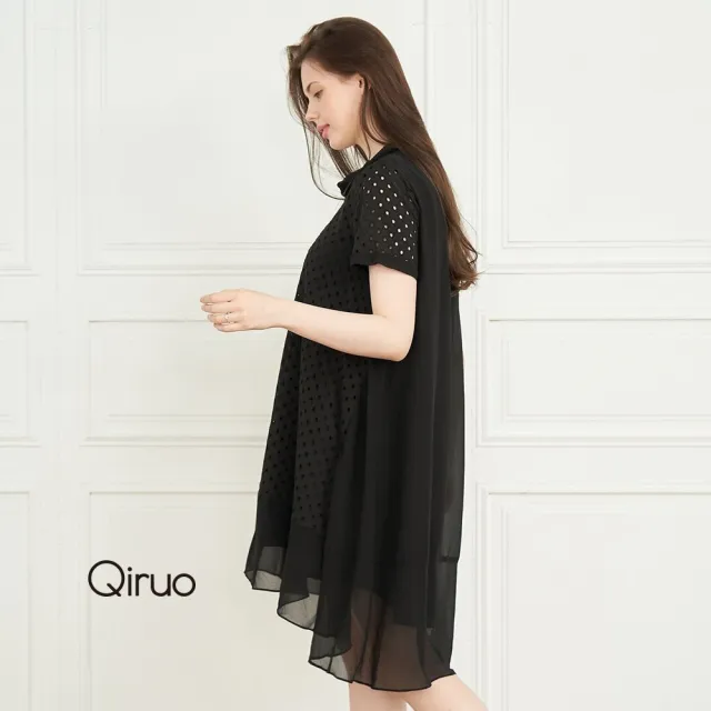 【Qiruo 奇若名品】春夏專櫃黑色洞洞造型洋裝2240F 前短後長時尚款 