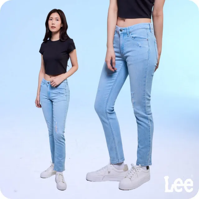 【Lee】女裝 牛仔褲 / 涼感 401 刷破 中腰合身小直筒 淺藍洗水(LB417033835)