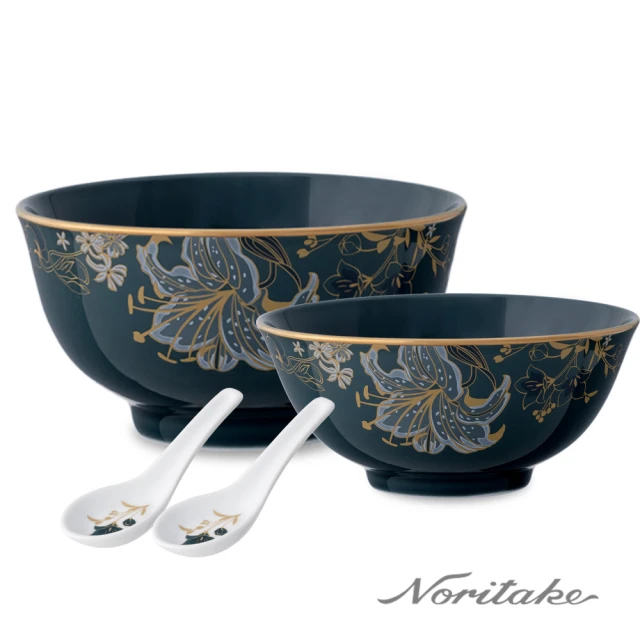 NORITAKE 金邊白瓷可微波系列-綺麗之境 復古深綠 個人雙碗+雙湯匙組 12+16cm(新品上市)