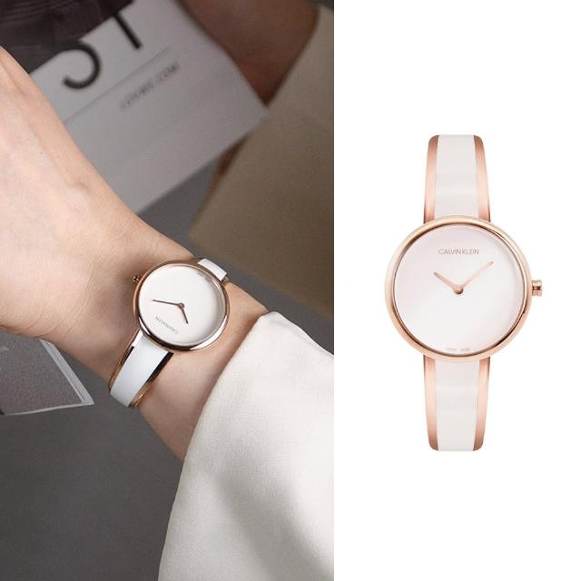 【CALVIN KLEIN】簡約白色款x玫瑰金 不鏽鋼手環式錶帶 手錶 女錶 CK錶 母親節(K4E2N616)