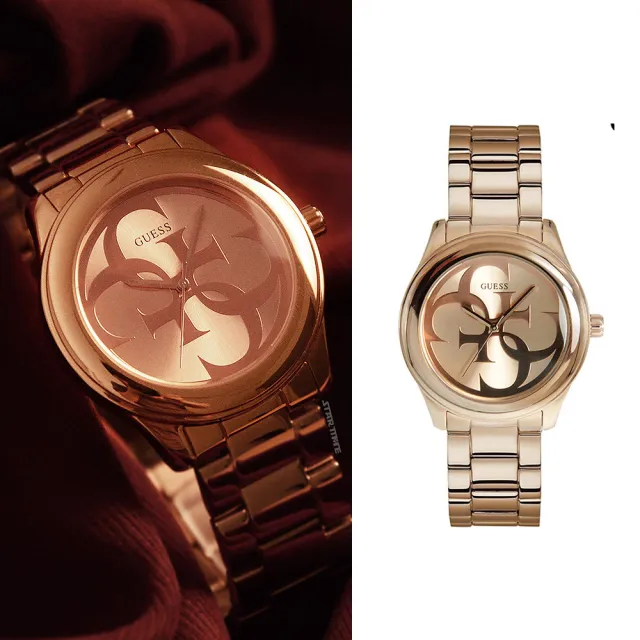 【GUESS】玫瑰金系 經典G 不鏽鋼錶帶 石英錶 雙11(W1082L3)