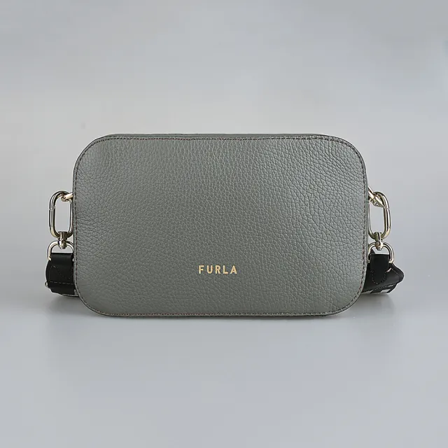 【FURLA 芙拉】FURLA PRIMULA復古金屬拱門LOGO荔枝紋設計牛皮拉鍊斜背相機包(仙人掌綠)