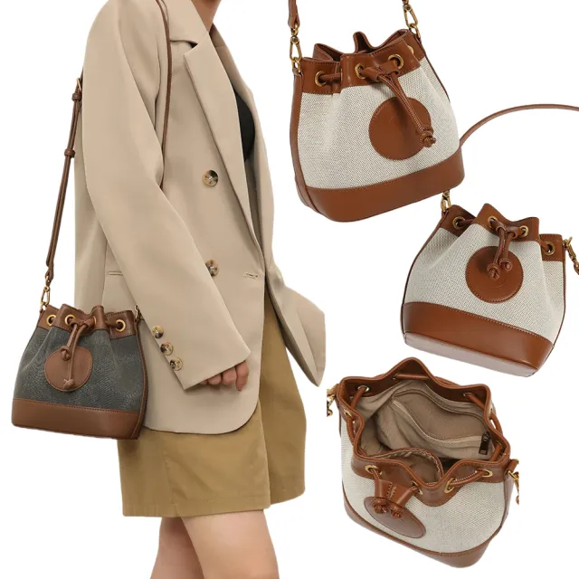 【KT DADA】雙11 抽繩水桶包 拼接包包 水桶包 菜籃子 可愛小包包 復古包包 經典小包 Vintage包 
