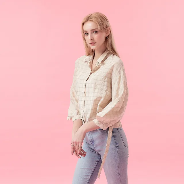 【ICHE 衣哲】Cop.Copine 法式格紋嫘縈長袖開襟襯衫上衣-奶駝色