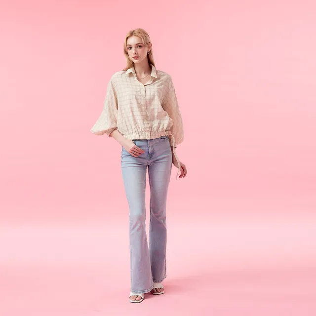 【ICHE 衣哲】Cop.Copine 法式格紋嫘縈長袖開襟襯衫上衣-奶駝色