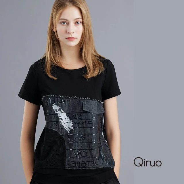 Qiruo 奇若名品 春夏黑色拼圖短袖上衣1253A 酷造型女裝(M-2XL)