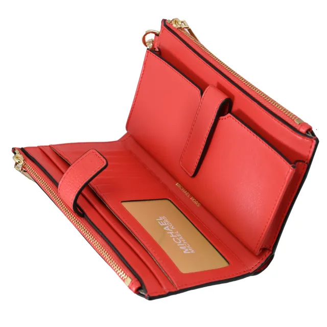【Michael Kors】新版金屬LOGO荔枝皮革手提式雙拉鍊手機零錢長夾(橘紅)