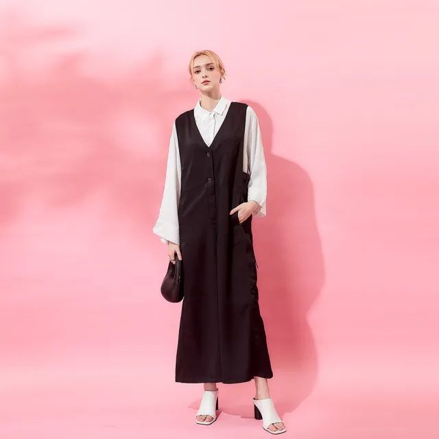 【ICHE 衣哲】法式簡約大V釦飾設計西裝連身褲裝