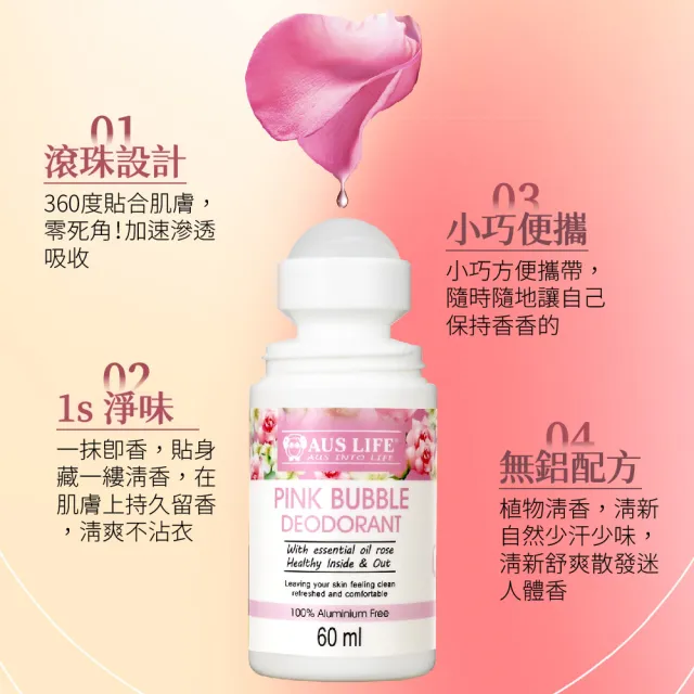 【AUS LIFE 澳思萊】粉紅綠茶體香劑60mlX3(送禮自用淨爽體香 一抹止汗舒爽)