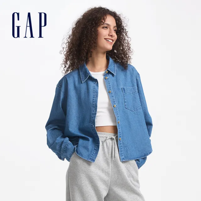 【GAP】女裝 純棉翻領長袖牛仔襯衫-中度水洗(646208)