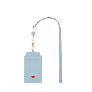 【KINAZ】牛皮愛心鑲飾蝴蝶結伸縮頸繩票卡夾-寧靜藍-喵星人系列