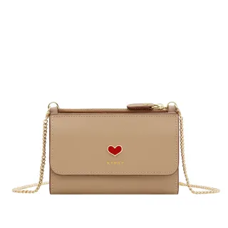 【KINAZ】牛皮愛心鑲飾拉鍊零錢層斜背鍊帶中夾-榛果褐-喵星人系列