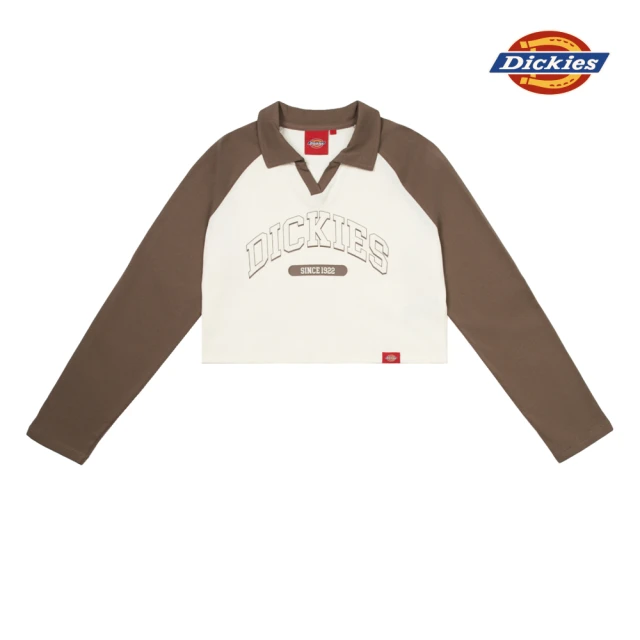 Dickies 女款蘑菇棕純棉撞色衣袖胸前品牌文字印花長袖T恤｜DK0A87DUMR1