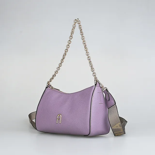【FURLA 芙拉】FURLA PRIMULA經典拱門壓印金字LOGO粒面紋牛皮拉鍊手提斜背包(迷你/丁香紫)