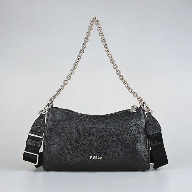【FURLA 芙拉】FURLA PRIMULA經典拱門壓印金字LOGO粒面紋牛皮拉鍊手提斜背包(迷你/黑)