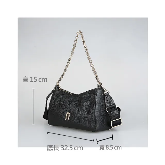 【FURLA 芙拉】FURLA PRIMULA經典拱門壓印金字LOGO粒面紋牛皮拉鍊手提斜背包(迷你/黑)
