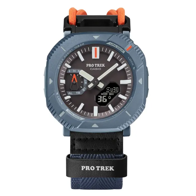 【CASIO 卡西歐】PRO TREK 超輕型 戶外時尚 旋轉錶圈 獨特彈力繩錶帶 灰藍 藍牙 太陽能 PRJ-B001B-2_46mm