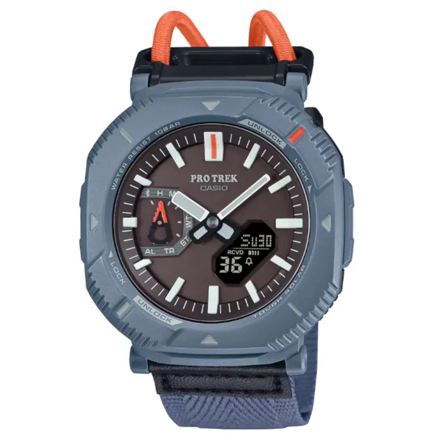 【CASIO 卡西歐】PRO TREK 超輕型 戶外時尚 旋轉錶圈 獨特彈力繩錶帶 灰藍 藍牙 太陽能 PRJ-B001B-2_46mm