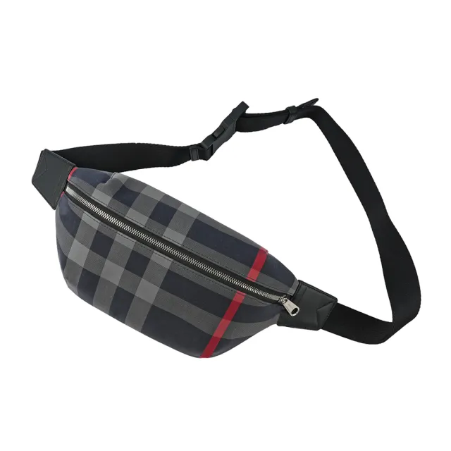 【BURBERRY 巴寶莉】經典格紋帆布 Sonny腰包(海軍藍/紅色)