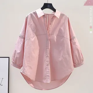 【艾美時尚】中大尺碼女裝 上衣 日韓小清新挖背造型七分袖襯衫。S-3XL(3色.預購)